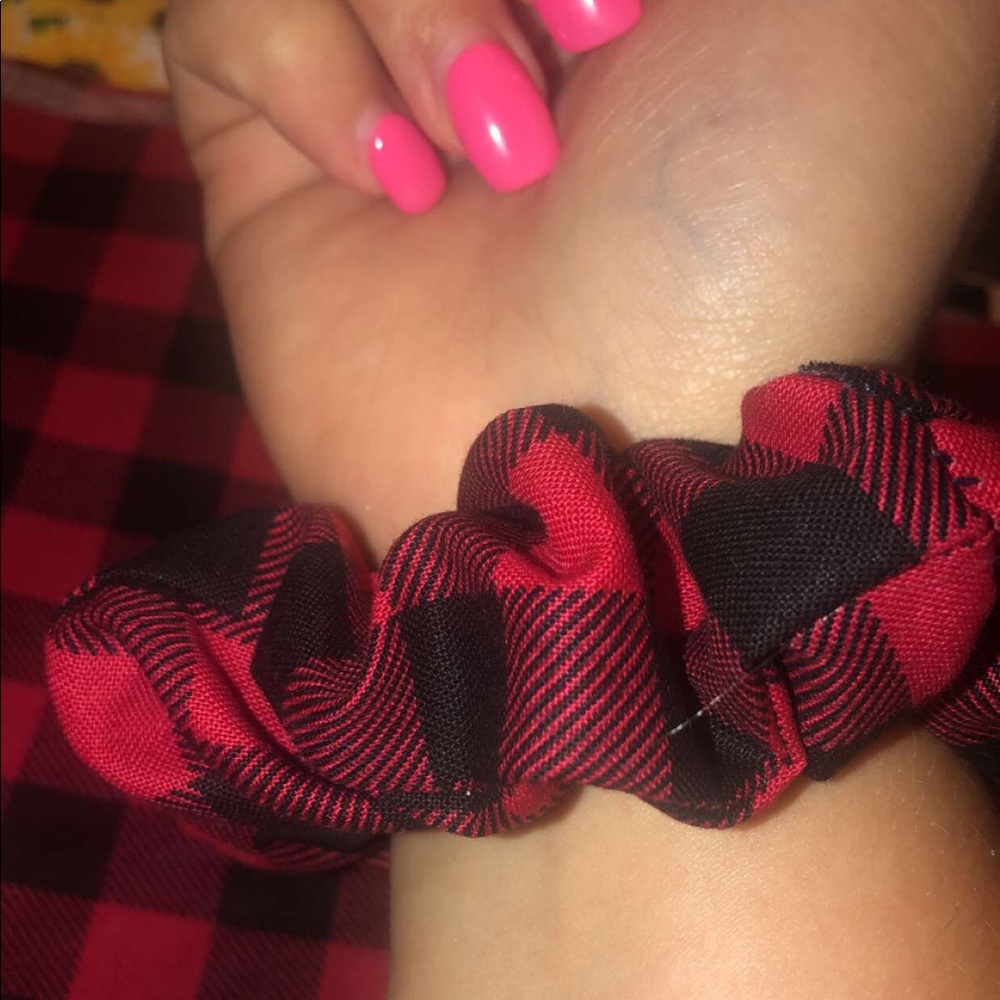 Handmade black and red flannel scrunchie